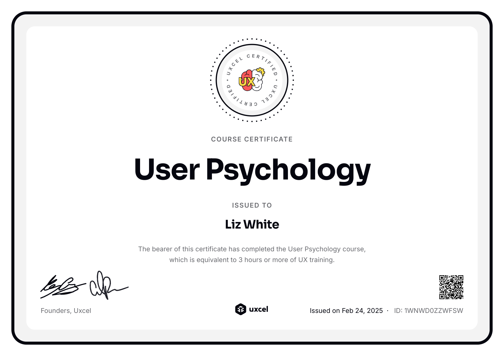 Liz White's certificate